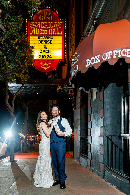 Bride and groom outside the marquee at the Great American Music Hall in San Francisco.