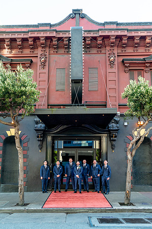 Exterior groomsmen group portrait outside the Great American Music Hall in San Francisco.